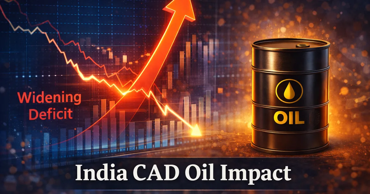 3D illustration of an oil barrel and rising financial chart showing the impact of crude oil price spikes on India's CAD.