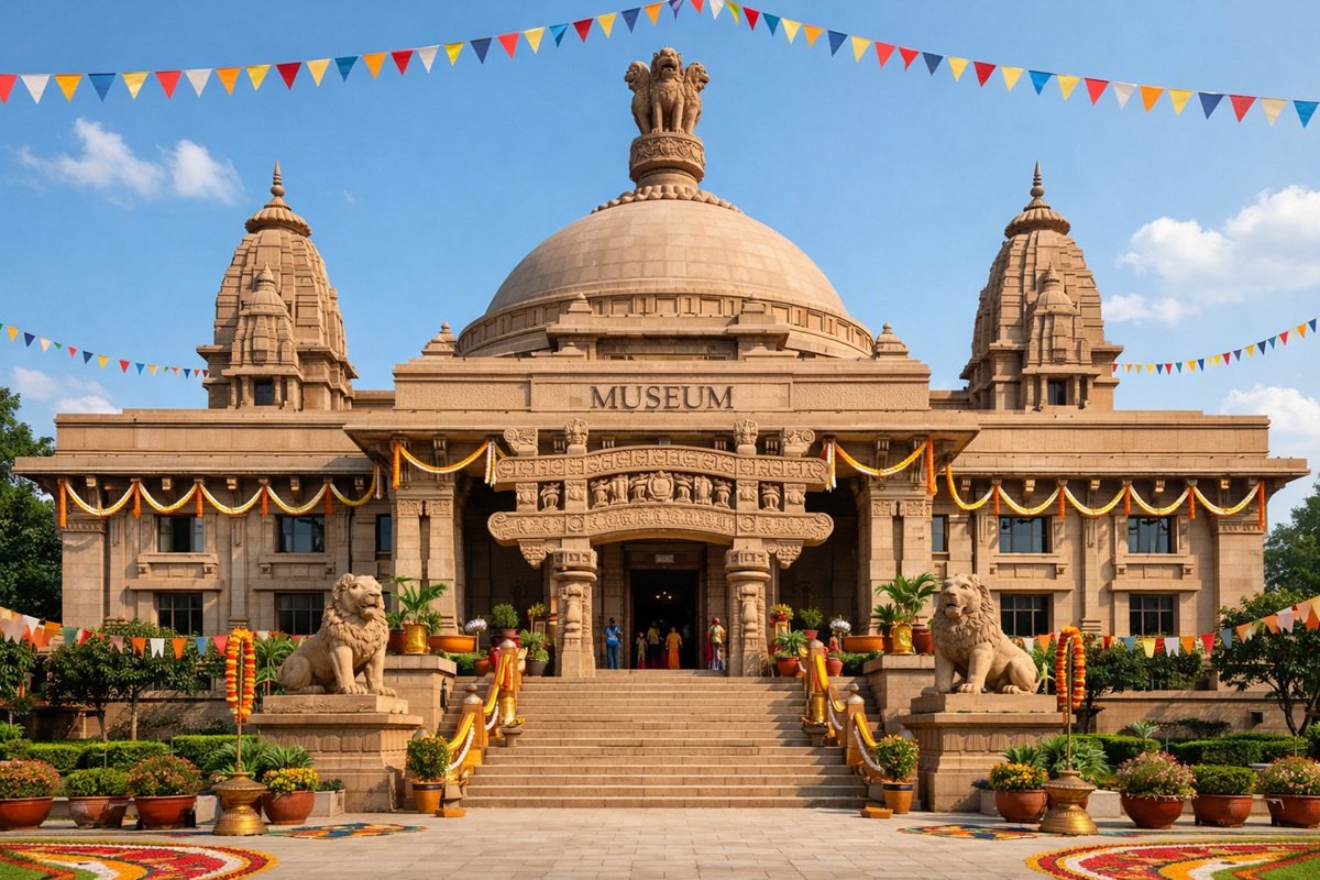 Architectural exterior of the newly inaugurated Samrat Samprati Museum showcasing traditional Jain design elements.