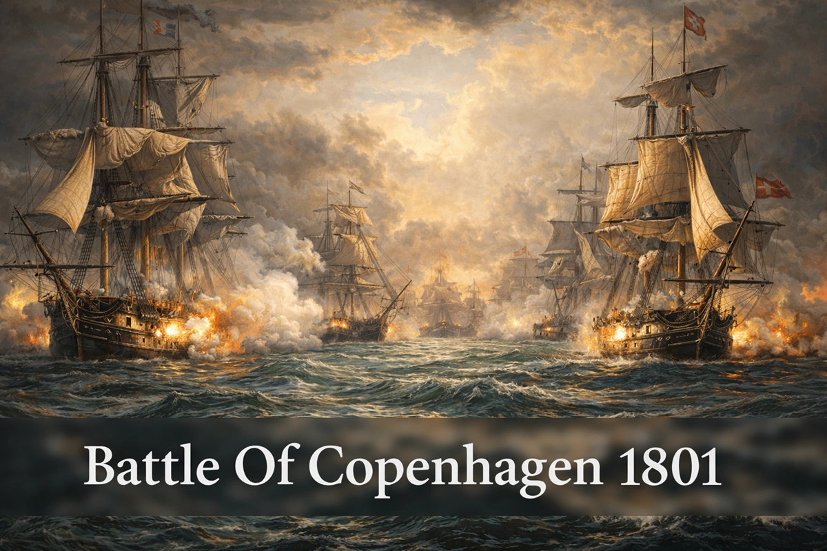 Historical illustration of the Battle of Copenhagen 1801 featuring British and Danish warships engaged in naval combat
