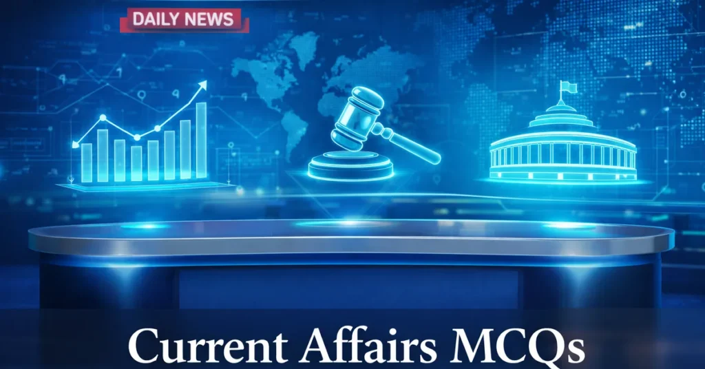 Digital news desk and policy graphics representing Daily Current Affairs MCQs for April 2026.