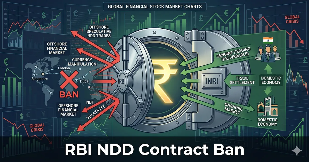 Illustration of an Indian Rupee symbol protected against global financial market charts representing the RBI NDD ban.