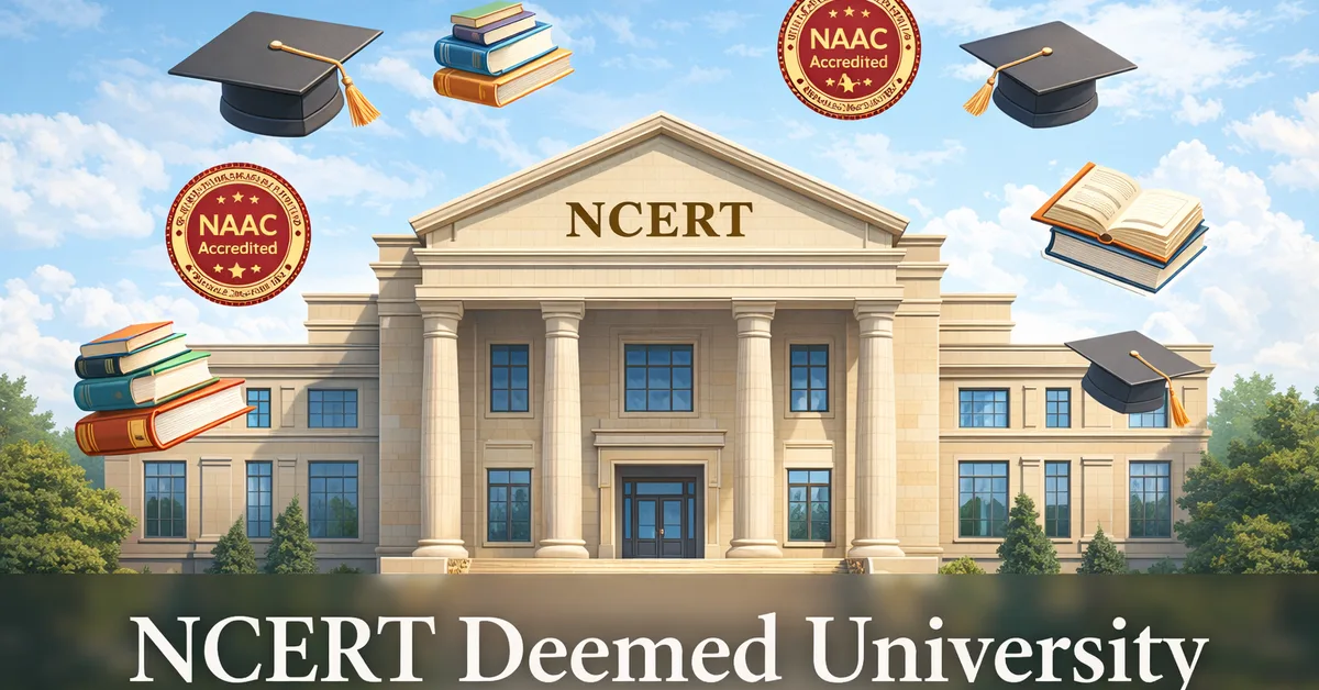 Illustration of NCERT as a deemed university with educational symbols, NAAC seals, and NEP 2020 compliance concepts